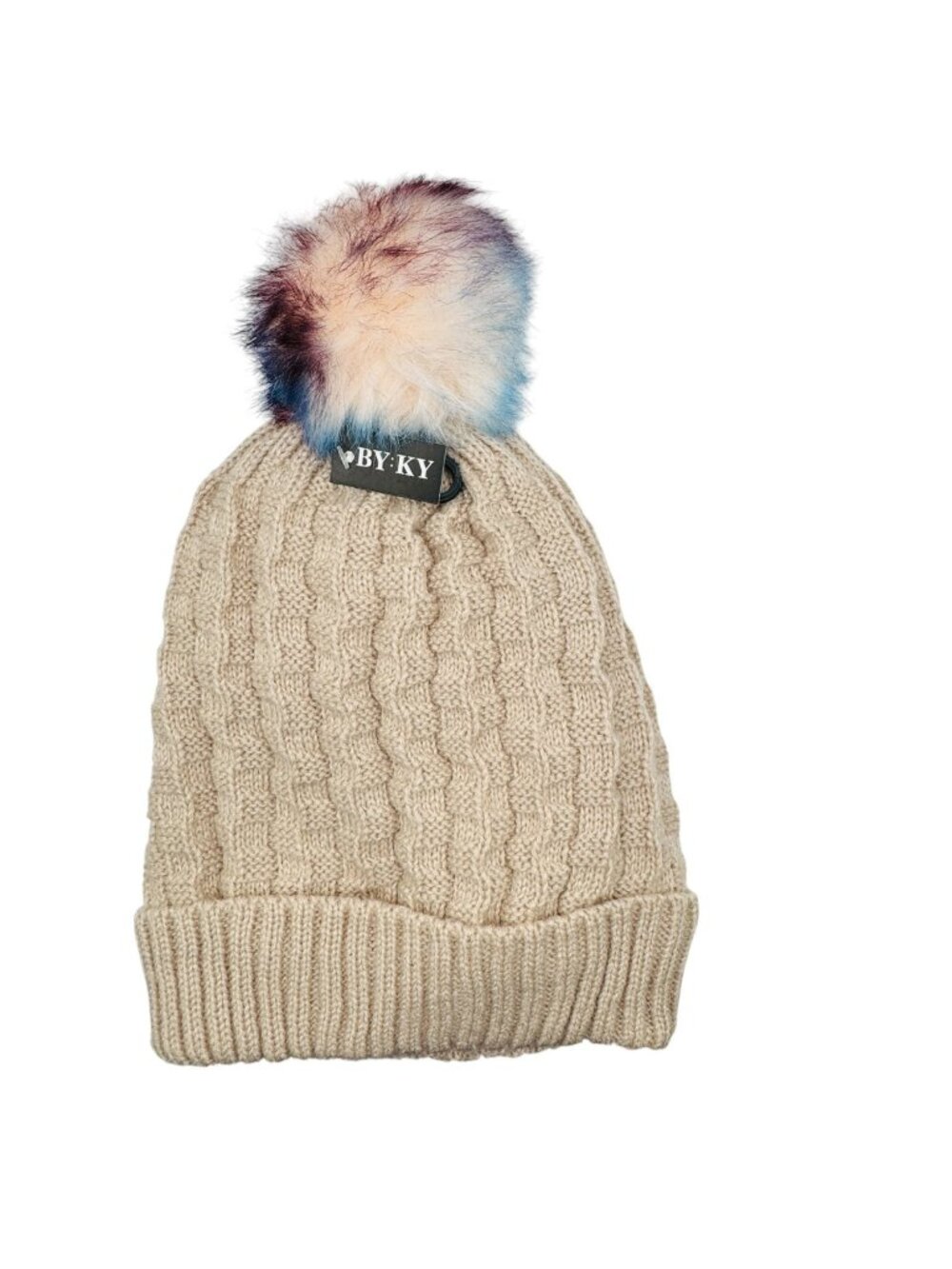 Cable Knit Beige Beanie With Multicolor Faux Fur Pom & Sherpa Lining By-KY